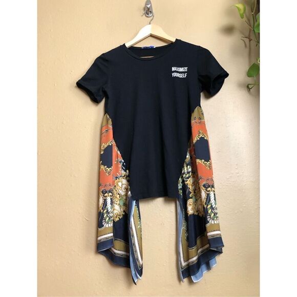 Zara Fashion black t-shirt with a colorful patterned scarf design SZ S - Picture 2 of 9